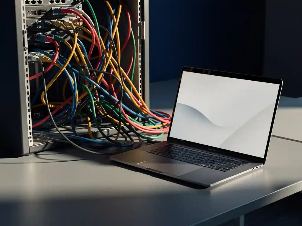 Verwarde kluwen gekleurde kabels uit een open serverpaneel naast een strakke moderne laptop op een zakelijk bureau.
