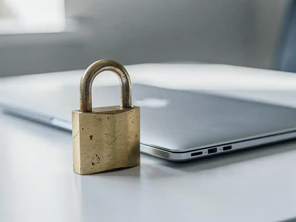 Gouden messing hangslot op wit bureau naast laptop, verlicht door zacht natuurlijk daglicht.