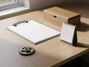 Bureau met klembord, tandwiel, kalender en houten kistje op licht eiken oppervlak, symbolen voor app-categorieën in natuurlijk daglicht.