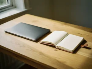 Gesloten laptop en opengeslagen leren agenda op een eikenhouten bureau, verlicht door zacht ochtendlicht.