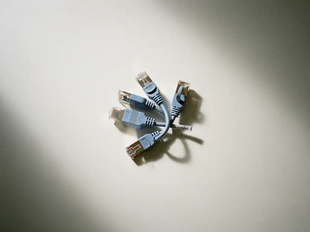 Ethernet- en kabelconnectoren op wit bureau, één stekker half losgetrokken, bovenaanzicht met natuurlijk daglicht.