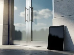 Glazen ingang van een modern gemeentehuis met tablet tegen stenen gevel, zacht daglicht en blauwe luchtreflecties.