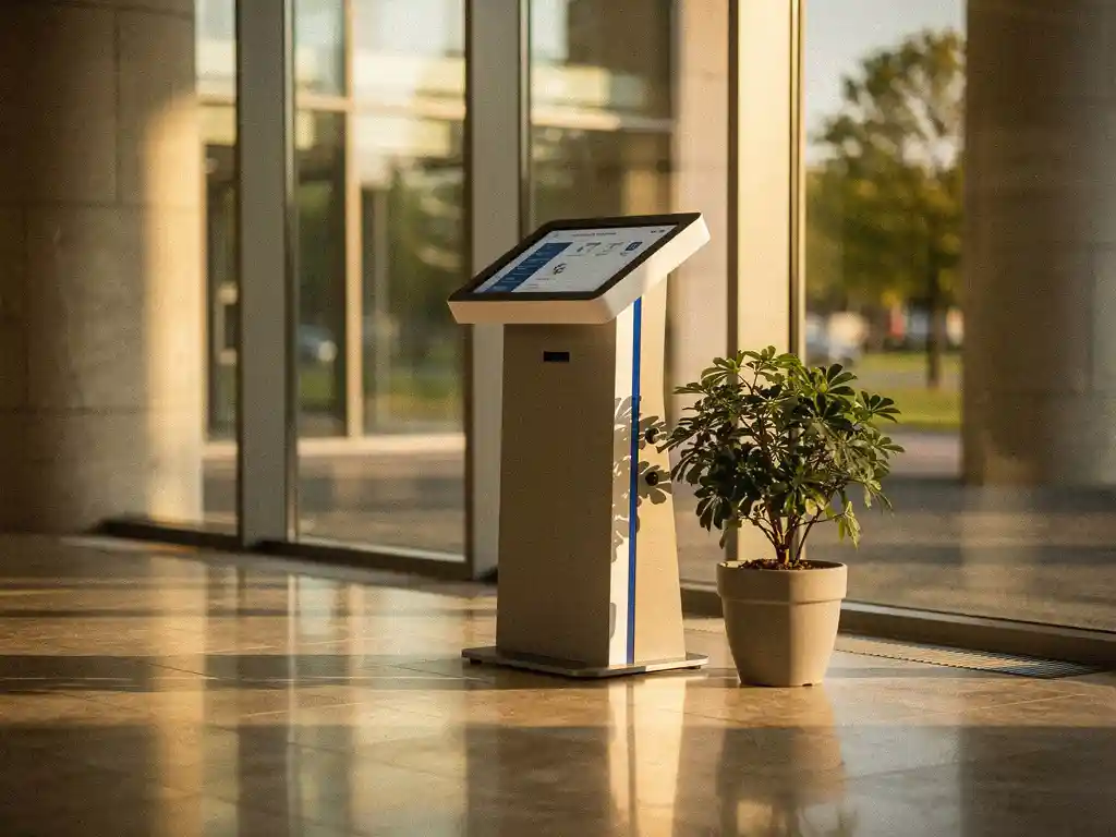 Moderne touchscreen-kiosk in gemeentehuis entree met gepolijste stenen vloer, groot raam en kleine potplant.
