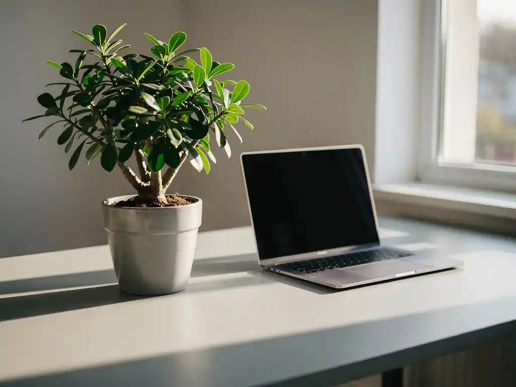 Weelderige groene kamerplant op een modern bureau naast een open laptop, verlicht door zacht natuurlijk daglicht.