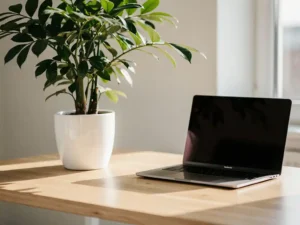 Weelderige groene kamerplant in witte keramieken pot op licht eiken bureau naast open laptop in zacht ochtendlicht.