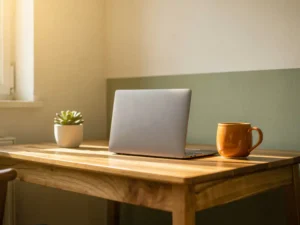 Compact houten bureau met halfopen laptop, vetplant en keramische koffiemok in een rustig kantoor met zacht ochtendlicht.