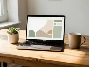 Houten bureau met open laptop met minimalistisch dashboard, succulent en keramische koffiemok in warm natuurlijk daglicht.