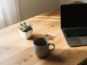 Houten bureau met open laptop, kleine vetplant en keramische koffiemok in zacht natuurlijk daglicht.
