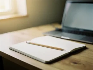 Houten bureau met open notitieboek, potlood op handgeschreven checklist en laptop op de achtergrond in zacht ochtendlicht.