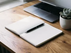 Opengeklapt notitieboek met pen op een houten bureau naast een laptop en een kleine vetplant in zacht natuurlijk daglicht.