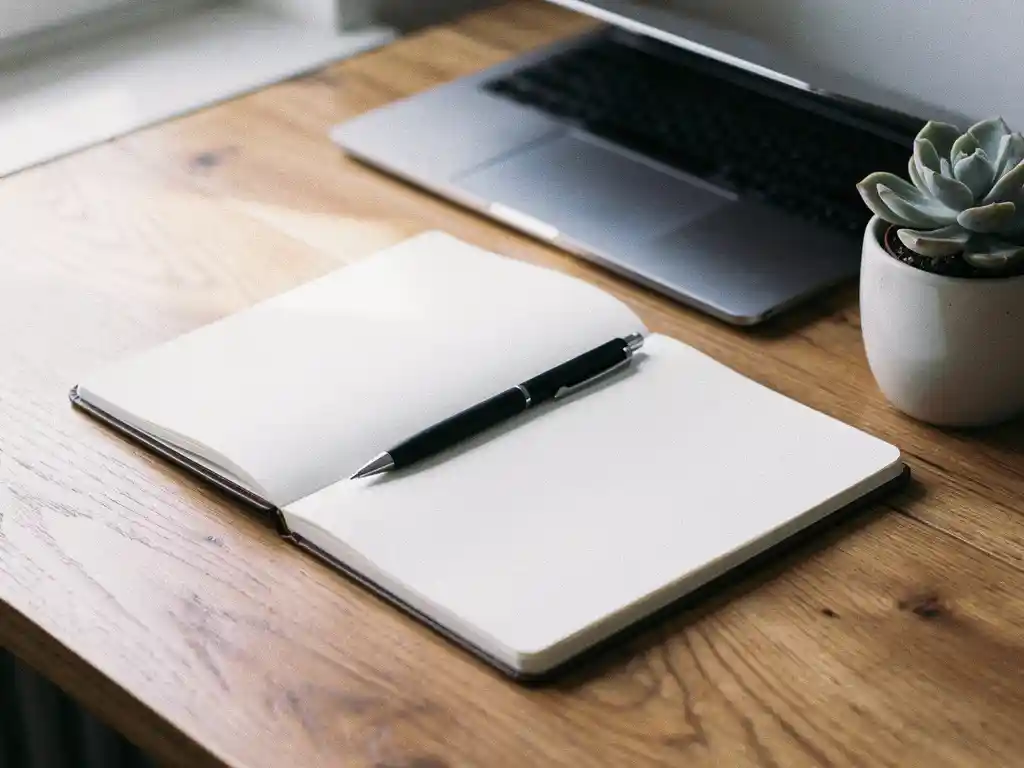 Opengeklapt notitieboek met pen op een houten bureau naast een laptop en een kleine vetplant in zacht natuurlijk daglicht.