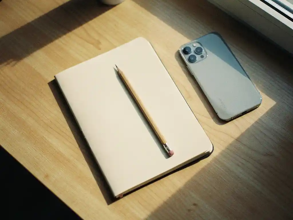 Houten bureau met open notitieboek, scherp potlood en omgekeerde smartphone in zacht ochtendlicht.