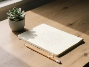 Houten bureau met open notitieboek, handgetekend raster en geslepen potlood naast een kleine vetplant in zacht daglicht.