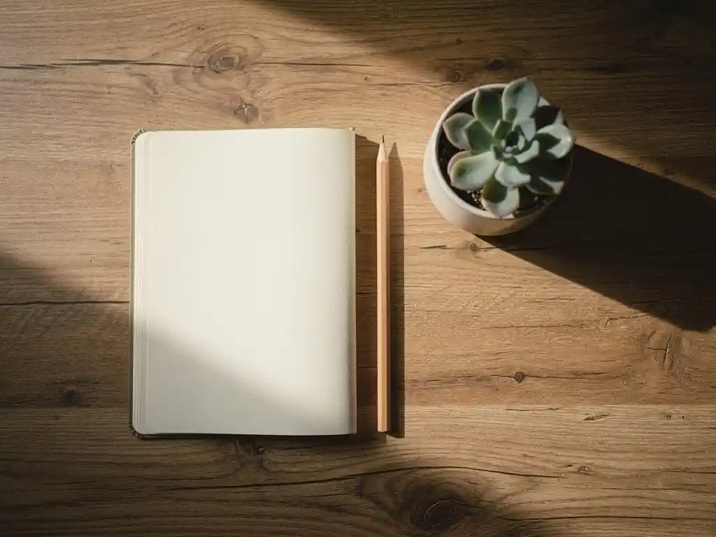 Opengeklapt notitieboek met potlood en kleine vetplant op houten bureau in zacht ochtendlicht.
