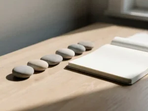 Zeven rivierkeien op een houten bureau, oplopend in grootte, naast een open notitieboek in zacht natuurlijk daglicht.