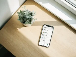 Houten bureau met smartphone met zakelijke app en klein potplantje in licht, minimalistisch Nederlands kantoor.