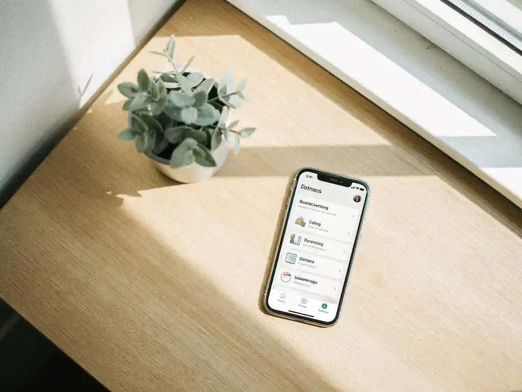 Houten bureau met smartphone met zakelijke app en klein potplantje in licht, minimalistisch Nederlands kantoor.