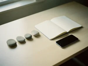 Houten bureau met vier rivierkeien naast een open notitieboek en smartphone in zacht natuurlijk daglicht.