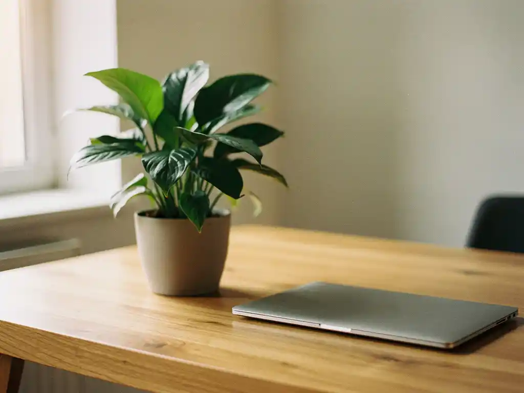 Kamerplant met glanzende groene bladeren op een houten bureau naast een laptop, zacht ochtendlicht vanuit een raam.