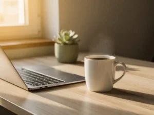 Witte keramische koffiemok op een lichte eiken bureau naast een laptop, met warm ochtendlicht en een kleine vetplant op de achtergrond.