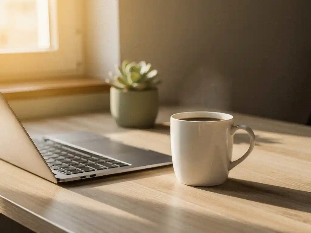 Witte keramische koffiemok op een lichte eiken bureau naast een laptop, met warm ochtendlicht en een kleine vetplant op de achtergrond.