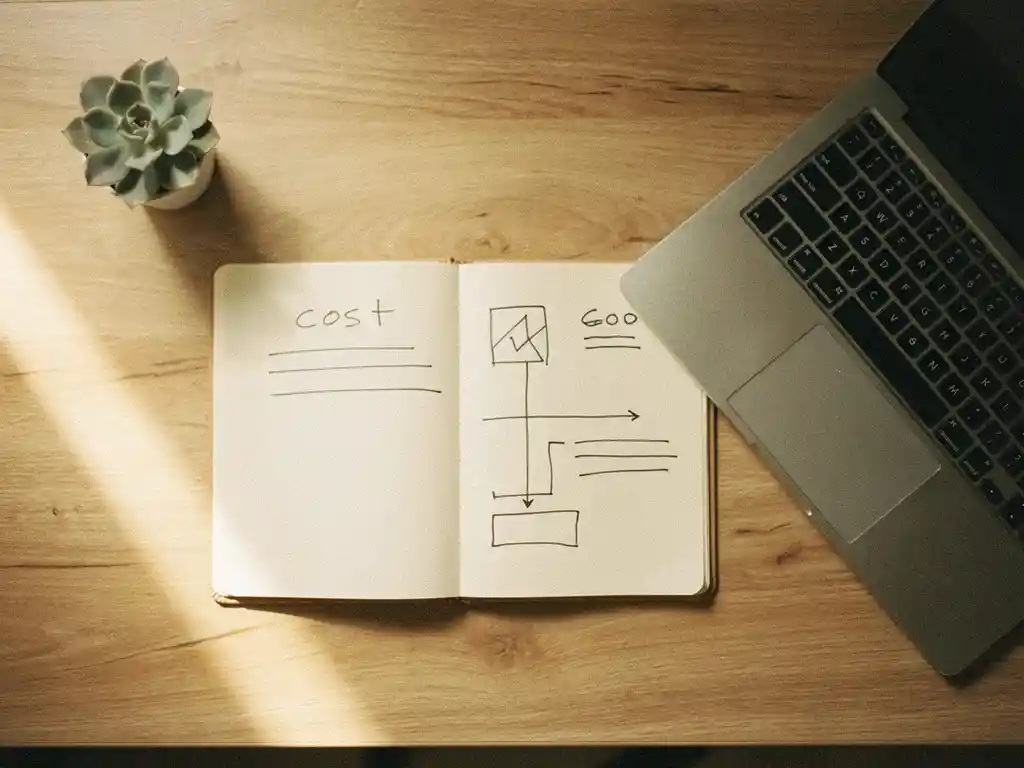 Houten bureau met opengeslagen notitieboek met kostenopstelling, halfopen laptop en succulent in zacht ochtendlicht.
