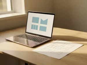Laptop met app-interface op licht eiken bureau naast wireframe schets op papier, zacht ochtendlicht, professionele sfeer.