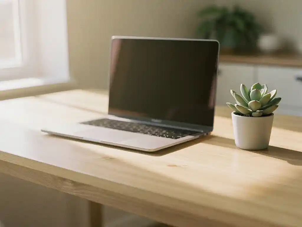 Laptop op een licht eiken bureau naast een kleine vetplant, zacht ochtendlicht vanuit een raam, rustige en opgeruimde werkplek.
