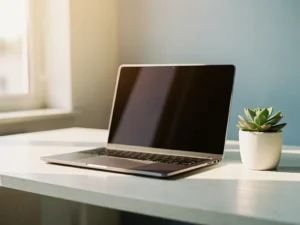 Open laptop op een wit eikenhouten bureau naast een kleine vetplant, met zacht natuurlijk daglicht en warme tinten in een modern kantoor.