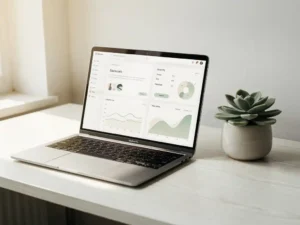 Open laptop met dashboard-interface op wit eiken bureau, groene succulent ernaast, zacht natuurlijk daglicht.