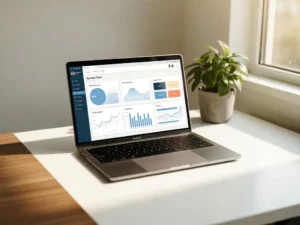 Laptop met overzichtelijk dashboard op een minimalistisch wit bureau, omgeven door zacht daglicht en een kleine kamerplant.