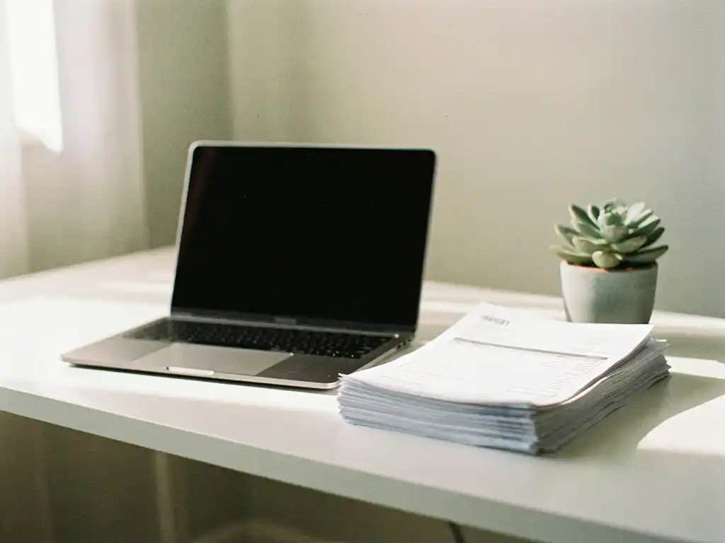 Open laptop naast een stapel gedrukte facturen op een wit bureau, met een vetplant en zacht natuurlijk daglicht.