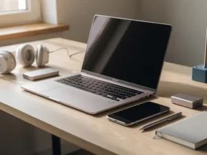 Laptop en smartphone naast elkaar op een licht eiken bureau met ontwikkeltools en notitieboekje in zacht ochtendlicht.