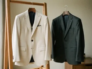 Op maat gemaakt bespoke pak op houten rek naast confectiepak, zacht natuurlijk licht belicht fijne stikseldetails, warme crème en houtskool tinten.