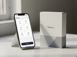 Smartphone met aangepaste app-interface naast een standaard softwarepakket op een wit bureau in zacht natuurlijk licht.