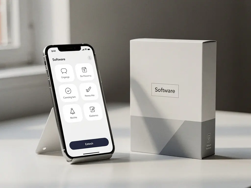 Smartphone met aangepaste app-interface naast een standaard softwarepakket op een wit bureau in zacht natuurlijk licht.