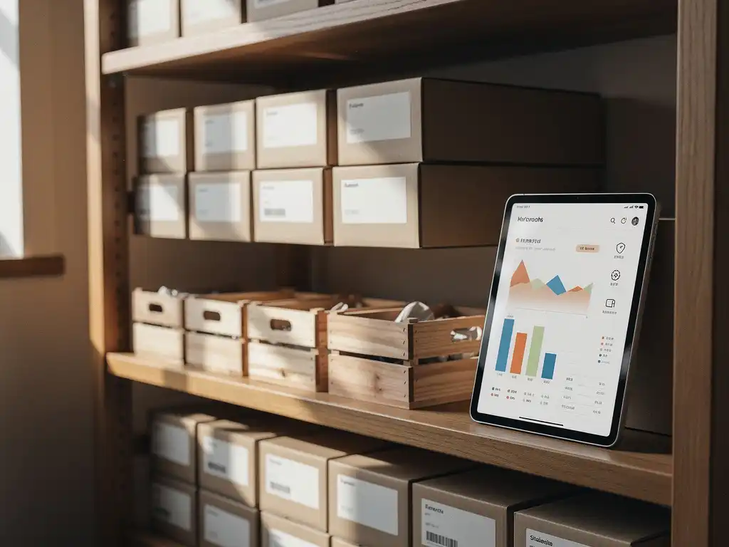 Houten magazijnrek met gelabelde kartonnen dozen en een tablet waarop een voorraadbeheer dashboard wordt weergegeven.
