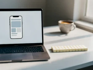 MacBook op wit bureau met mobiel app-wireframe, kleurgecodeerde sticky notes en koffie in zachte daglichtsfeer.
