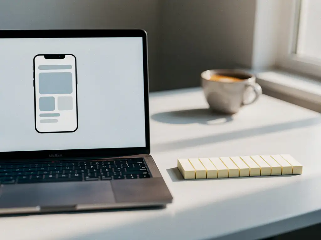 MacBook op wit bureau met mobiel app-wireframe, kleurgecodeerde sticky notes en koffie in zachte daglichtsfeer.