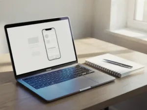 MacBook op licht eiken bureau met mobiel app-wireframe op scherm, naast notitieboekje en pen in natuurlijk daglicht.