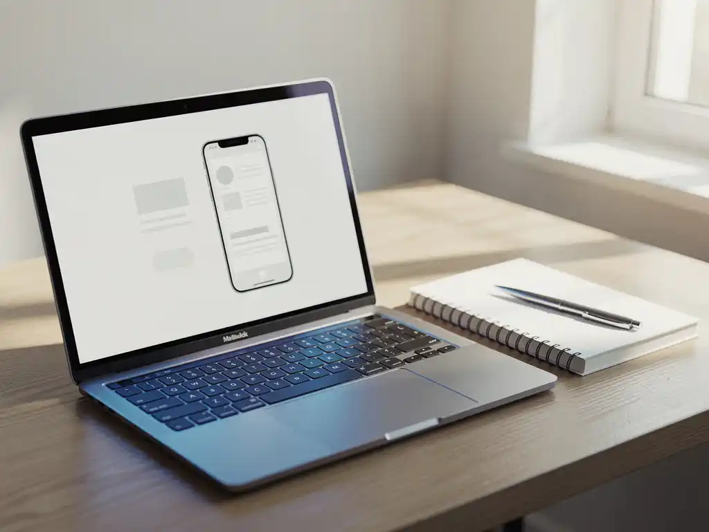 MacBook op licht eiken bureau met mobiel app-wireframe op scherm, naast notitieboekje en pen in natuurlijk daglicht.