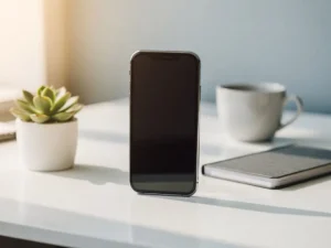 Moderne smartphone rechtop op wit bureau naast succulent, notitieboekje en koffiekop in zacht natuurlijk daglicht.