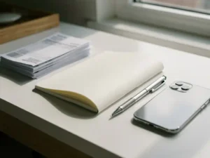 Open notitieboek en mechanisch potlood op wit bureau met facturen en smartphone, natuurlijk zijlicht.