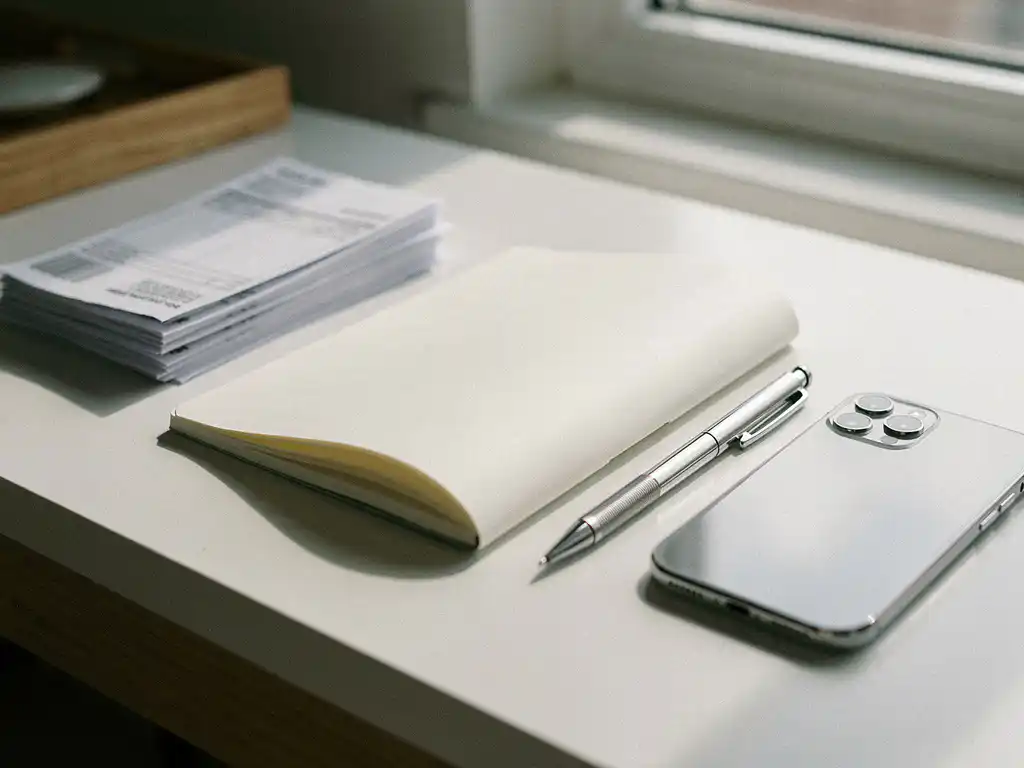 Open notitieboek en mechanisch potlood op wit bureau met facturen en smartphone, natuurlijk zijlicht.