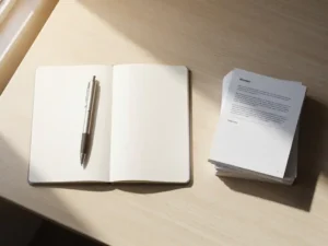 Open notitieboek en balpen op een licht eiken bureau naast gestapelde documenten, fotografeerd van bovenaf in zacht natuurlijk daglicht.