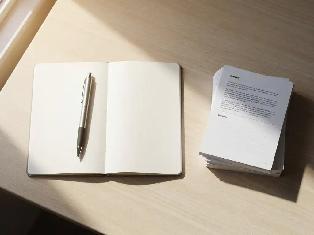 Open notitieboek en balpen op een licht eiken bureau naast gestapelde documenten, fotografeerd van bovenaf in zacht natuurlijk daglicht.