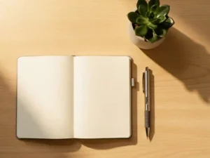 Open notitieboek en mechanisch potlood op licht eiken bureau met zachte ochtendlicht en succulent op de achtergrond.