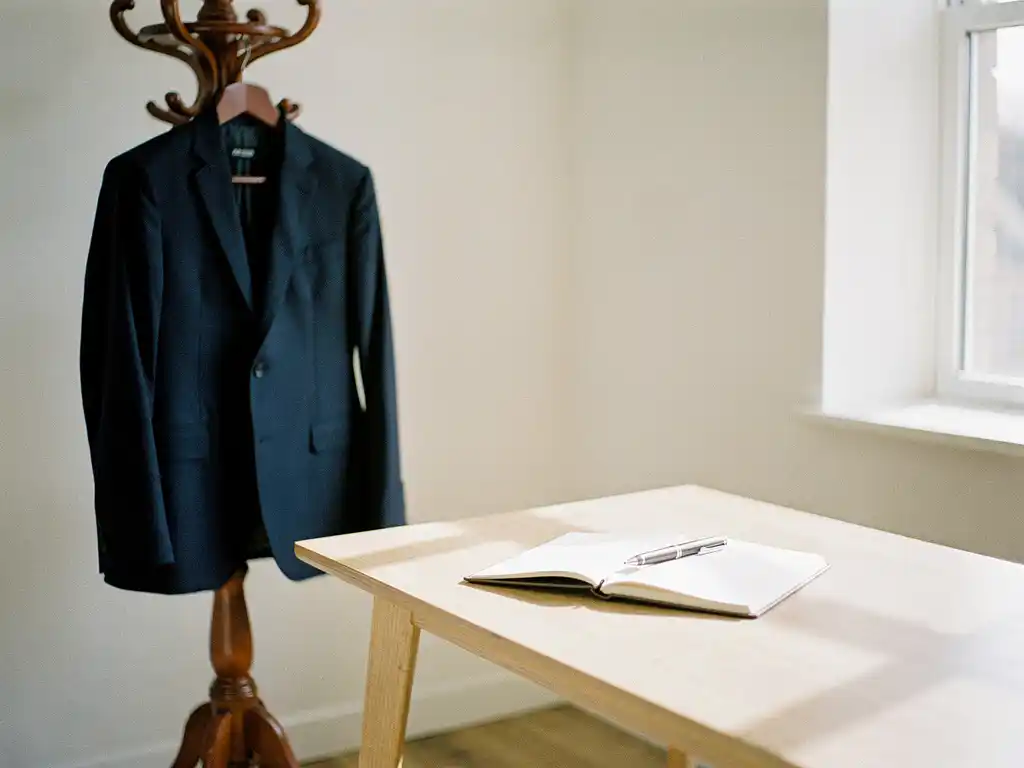 Op maat gemaakt marineblauw colbert op houten kapstok naast een modern bureau met notitieboekje en pen in zacht ochtendlicht.