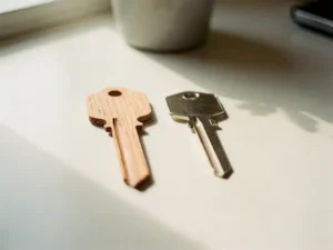 Op maat gemaakte houten sleutel naast een generieke sleutel op een wit bureau, warm natuurlijk licht met zachte schaduwen.