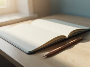 Open projectplanner op licht eikenhouten bureau met geslepen potlood, zacht ochtendlicht en warme crème en blauwe tinten.